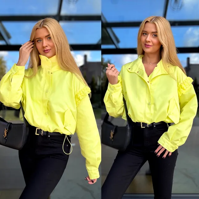 Kanarkowa kurtka przejściowa zapinana na zamek i butony - R163