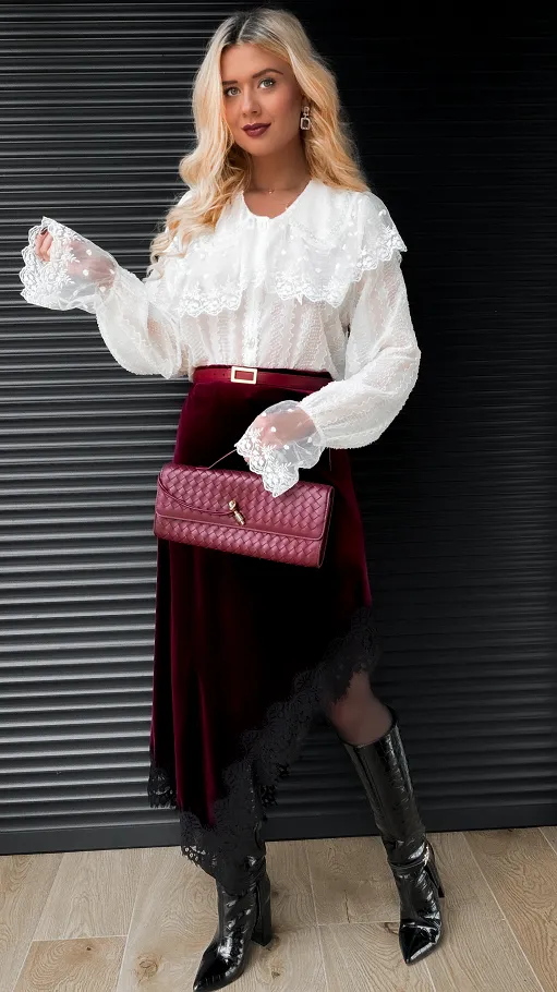 Asymetryczna aksamitna spódnica z koronką ONE SIZE bordo - R405A