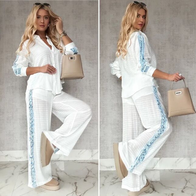 Biały wiosenny komplet MGIEŁKA z jeansowym lampasem - R567