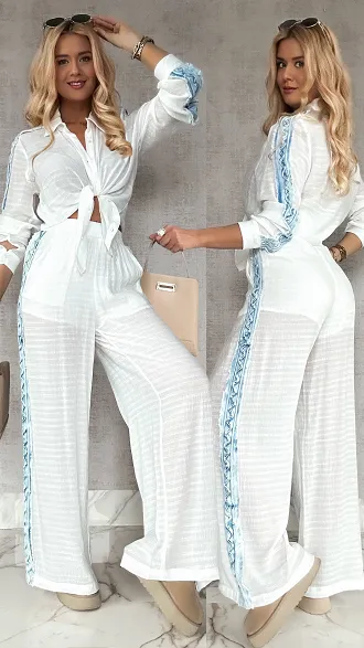 Biały wiosenny komplet MGIEŁKA z jeansowym lampasem - R567