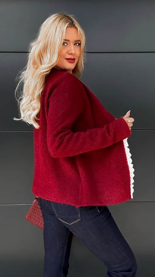 Niespotykany podwójny sweter z białą koronką ONE SIZE bordo - P951
