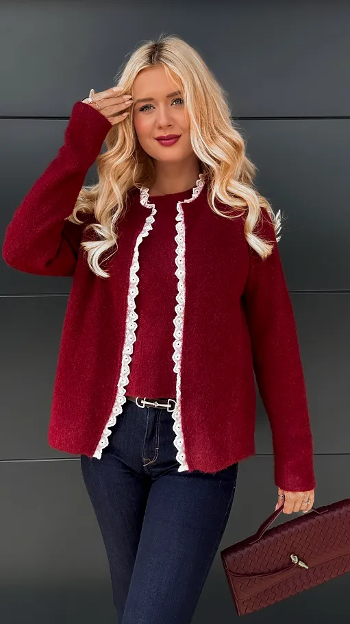 Niespotykany podwójny sweter z białą koronką ONE SIZE bordo - P951