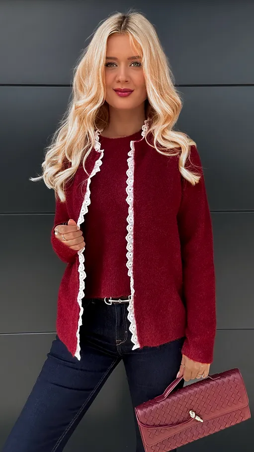 Niespotykany podwójny sweter z białą koronką ONE SIZE bordo - P951