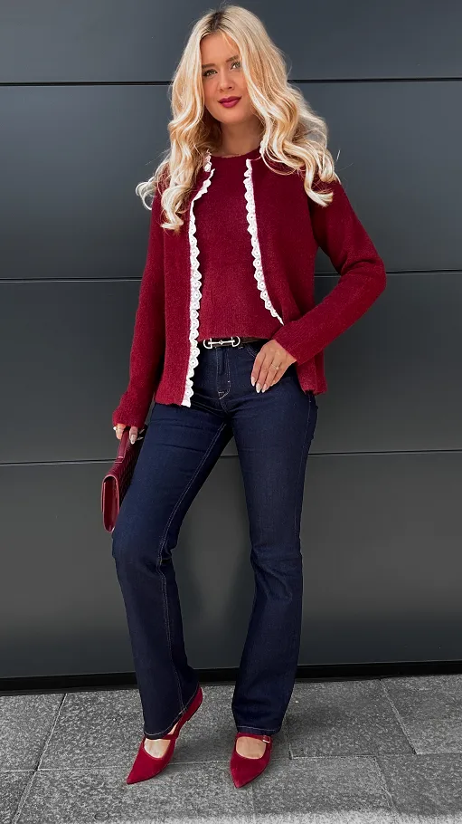 Niespotykany podwójny sweter z białą koronką ONE SIZE bordo - P951