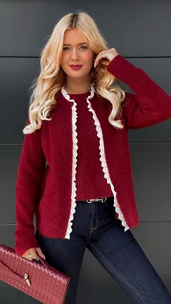 Niespotykany podwójny sweter z białą koronką ONE SIZE bordo - P951