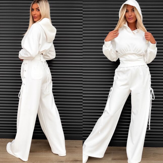 Oryginalny biały DRES z wiązaniami bluza z kapturem + spodnie - S505