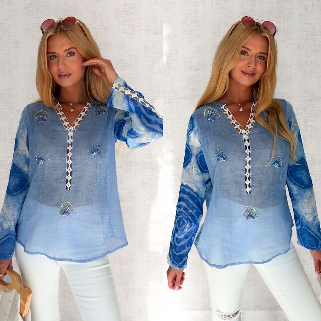 Lekka bawełniana bluzka na lato w stylu BOHO blue - S200