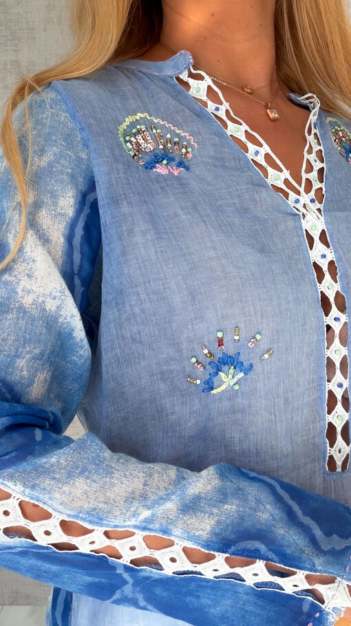 Lekka bawełniana bluzka na lato w stylu BOHO blue - S200