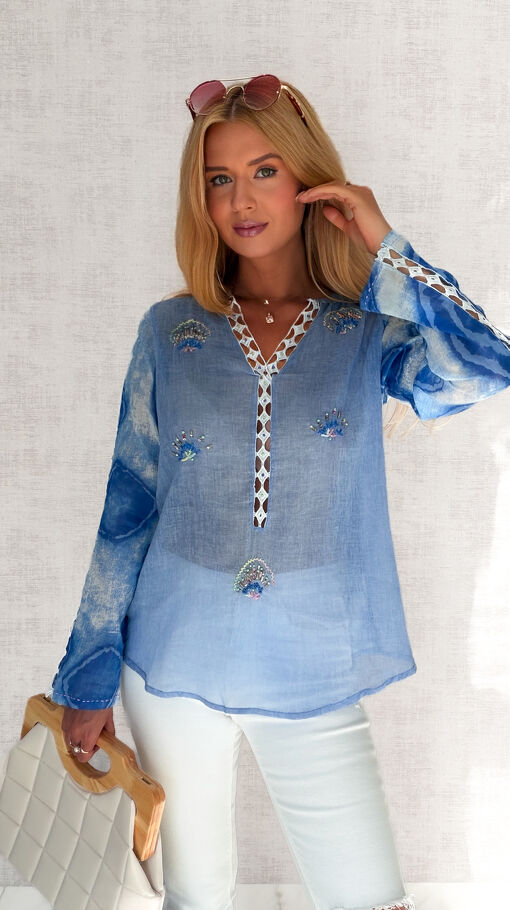 Lekka bawełniana bluzka na lato w stylu BOHO blue - S200