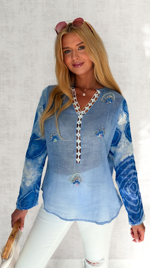 Lekka bawełniana bluzka na lato w stylu BOHO blue - S200