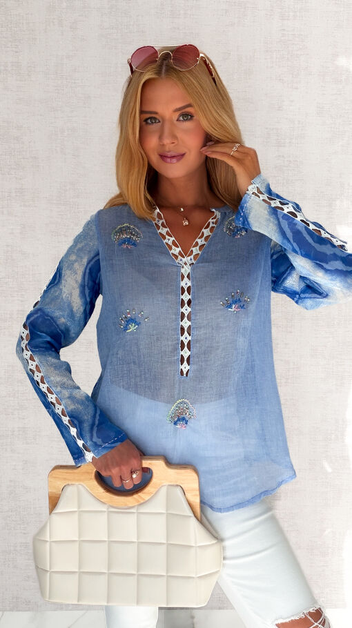 Lekka bawełniana bluzka na lato w stylu BOHO blue - S200
