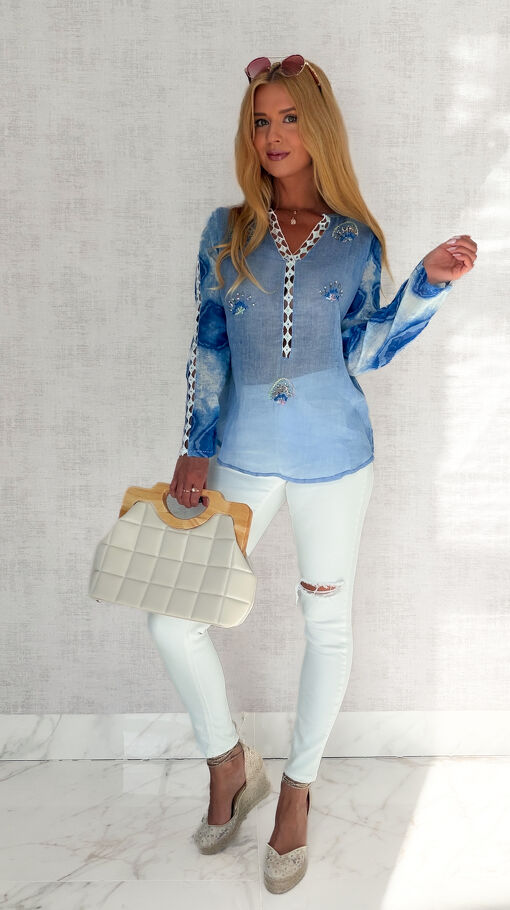 Lekka bawełniana bluzka na lato w stylu BOHO blue - S200