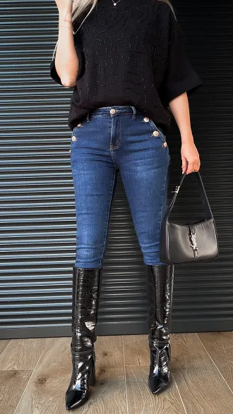 Niebieskie elastyczne spodnie jeansowe RURKI ze złotymi guzikami - R236