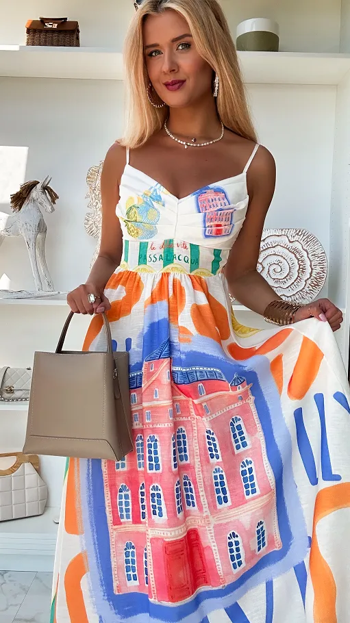 Letnia maxi sukienka w kolorowe aplikacje ONE SIZE - P799