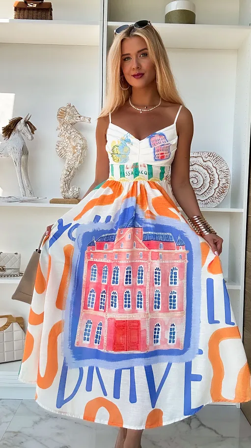 Letnia maxi sukienka w kolorowe aplikacje ONE SIZE - P799