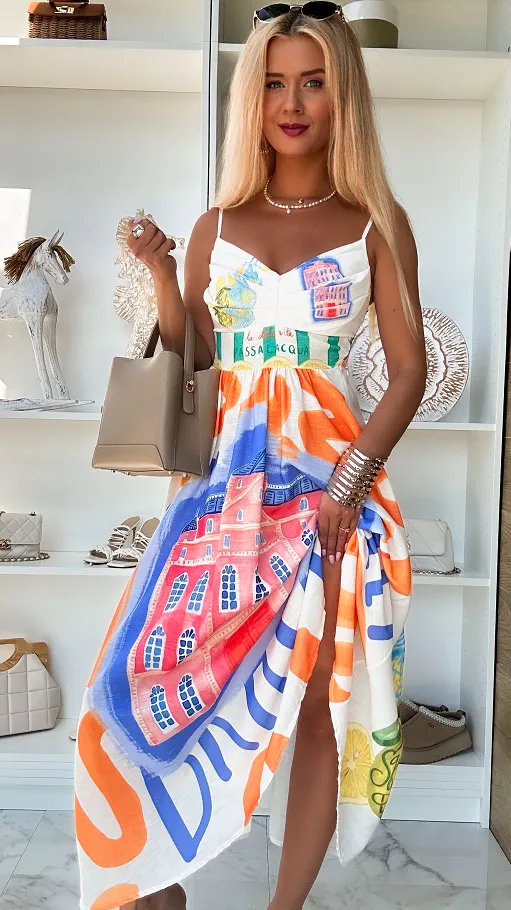 Letnia maxi sukienka w kolorowe aplikacje ONE SIZE - P799