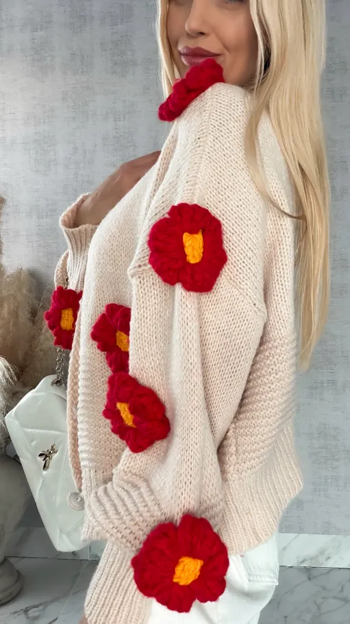 Ekskluzywny beżowy sweter kardigan w czerwone stokrotki ONE SIZE - R415A