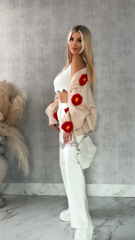 Ekskluzywny beżowy sweter kardigan w czerwone stokrotki ONE SIZE - R415A