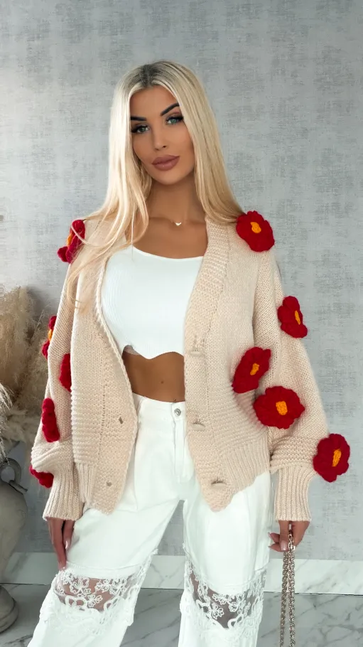 Ekskluzywny beżowy sweter kardigan w czerwone stokrotki ONE SIZE - R415A