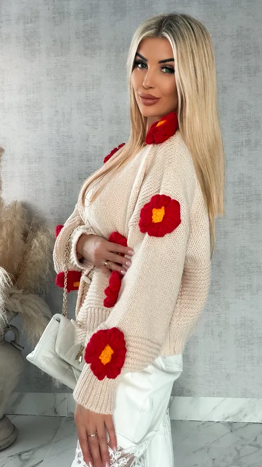 Ekskluzywny beżowy sweter kardigan w czerwone stokrotki ONE SIZE - R415A