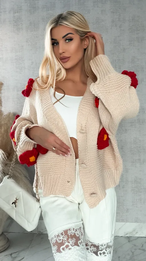 Ekskluzywny beżowy sweter kardigan w czerwone stokrotki ONE SIZE - R415A