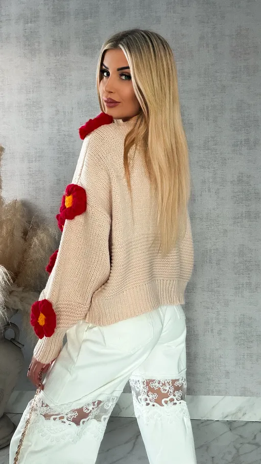 Ekskluzywny beżowy sweter kardigan w czerwone stokrotki ONE SIZE - R415A
