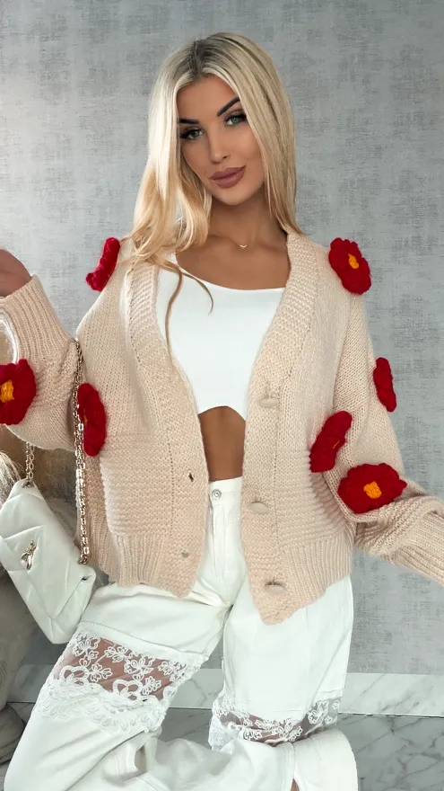 Ekskluzywny beżowy sweter kardigan w czerwone stokrotki ONE SIZE - R415A