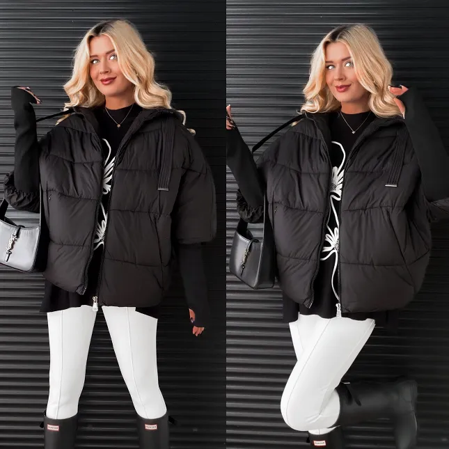 Luźna zimowa kurtka z kapturem i ściągaczami ONE SIZE black - R312