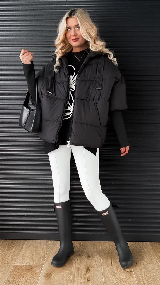 Luźna zimowa kurtka z kapturem i ściągaczami ONE SIZE black - R312