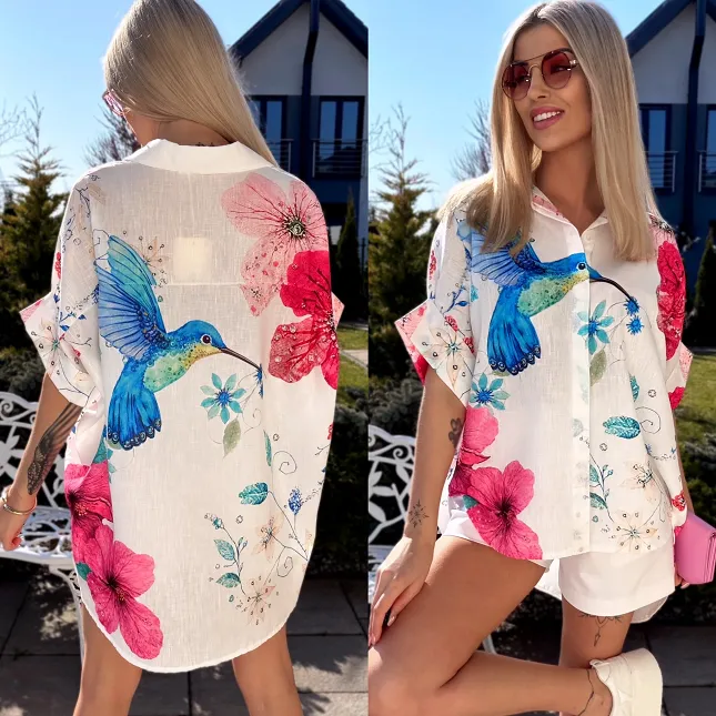 Asymetryczna lniana koszula z koliberkiem ONE SIZE biała - R952