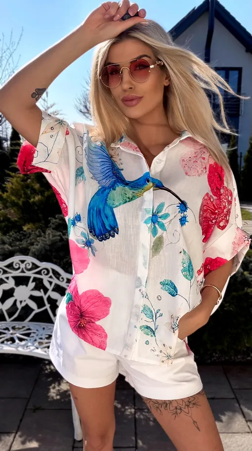 Asymetryczna lniana koszula z koliberkiem ONE SIZE biała - R952