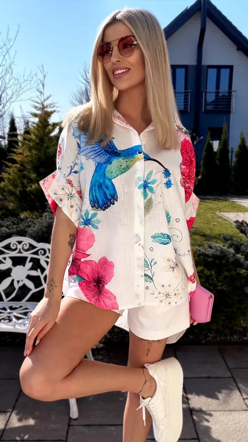 Asymetryczna lniana koszula z koliberkiem ONE SIZE biała - R952