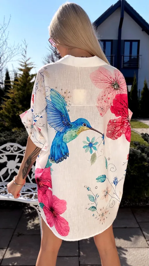 Asymetryczna lniana koszula z koliberkiem ONE SIZE biała - R952