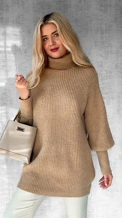 Luźny sweter TUNIKA z golfem OVERSIZE beżowy - N809A