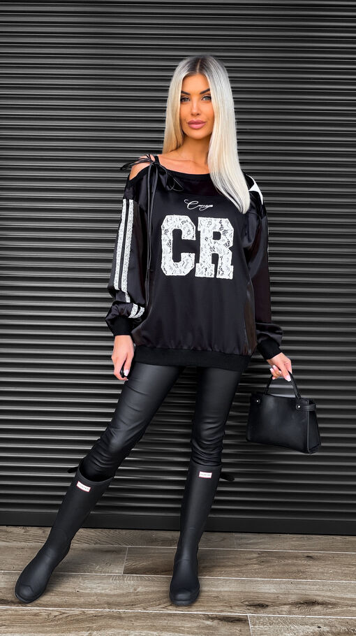 Czarna satynowa bluzka z białą koronką i wiązanym ramieniem ONE SIZE - S461