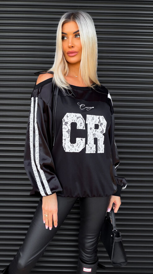 Czarna satynowa bluzka z białą koronką i wiązanym ramieniem ONE SIZE - S461