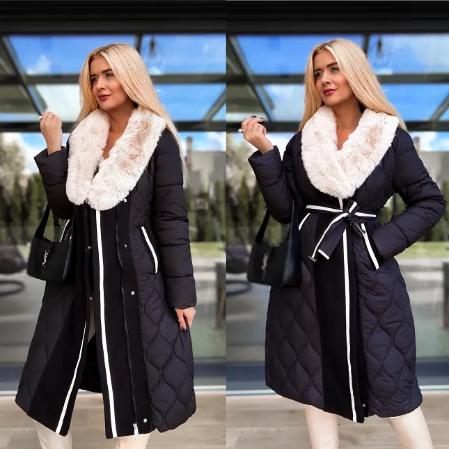 Elegancki długi płaszcz pikowany BLACK z futerkiem - R228A