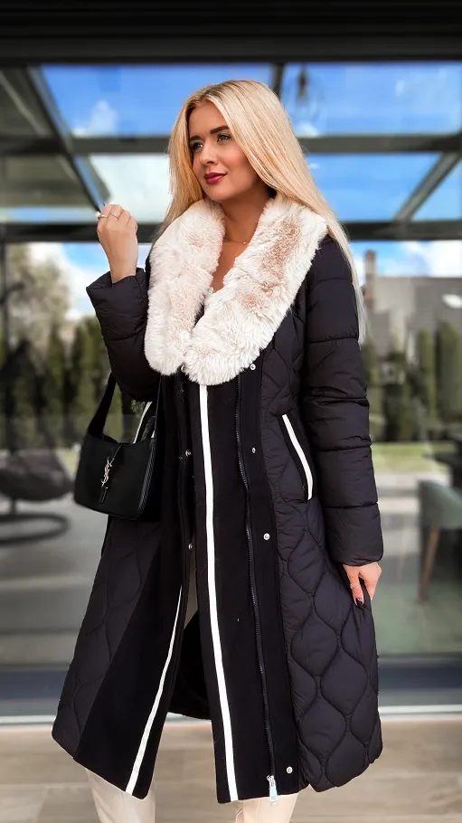 Elegancki długi płaszcz pikowany BLACK z futerkiem - R228A