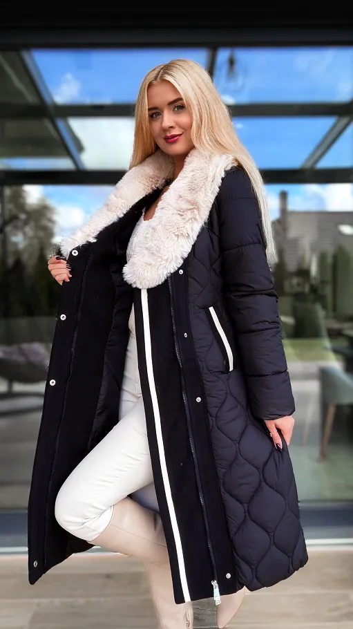 Elegancki długi płaszcz pikowany BLACK z futerkiem - R228A