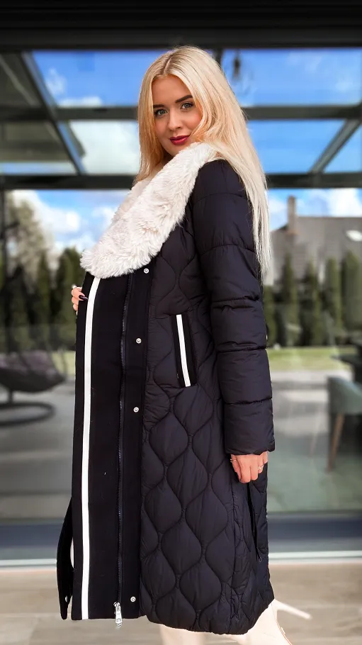 Elegancki długi płaszcz pikowany BLACK z futerkiem - R228A