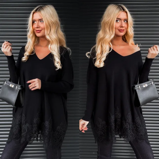 Elegancki długi sweter z koronką w kolorze CZARNY - R172B