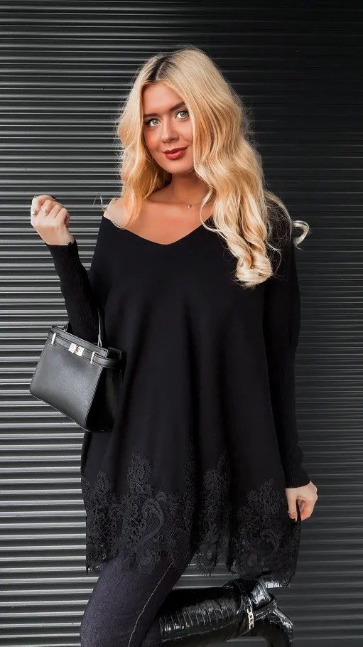 Elegancki długi sweter z koronką w kolorze CZARNY - R172B