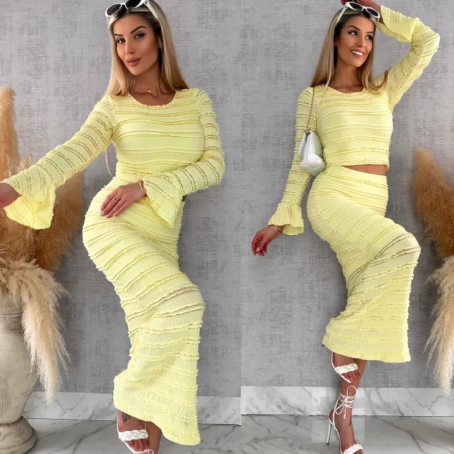 Wiosenny elastyczny komplet bluzka + midi spódnica ONE SIZE żółty - R671A