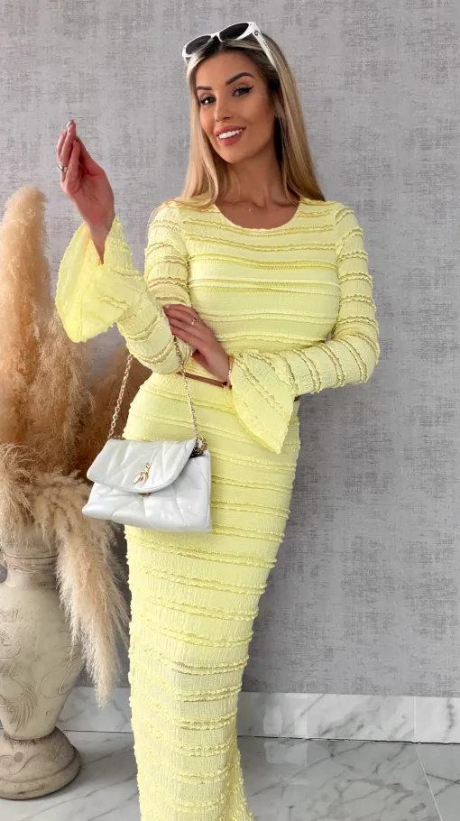 Wiosenny elastyczny komplet bluzka + midi spódnica ONE SIZE żółty - R671A