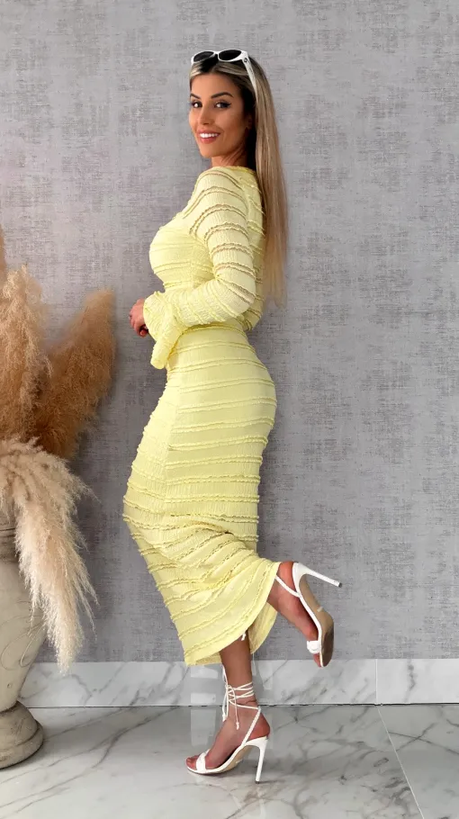 Wiosenny elastyczny komplet bluzka + midi spódnica ONE SIZE żółty - R671A