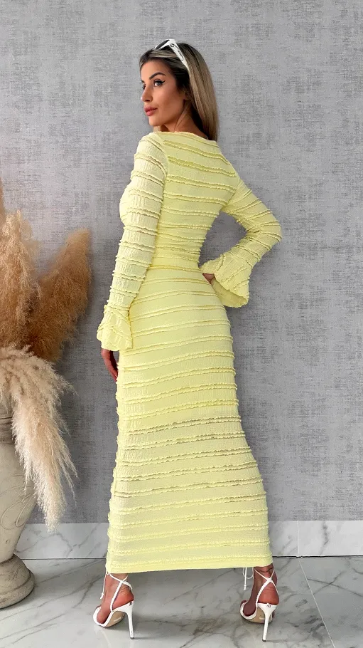 Wiosenny elastyczny komplet bluzka + midi spódnica ONE SIZE żółty - R671A