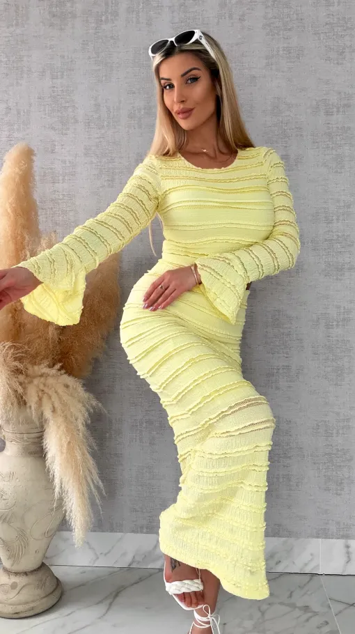 Wiosenny elastyczny komplet bluzka + midi spódnica ONE SIZE żółty - R671A