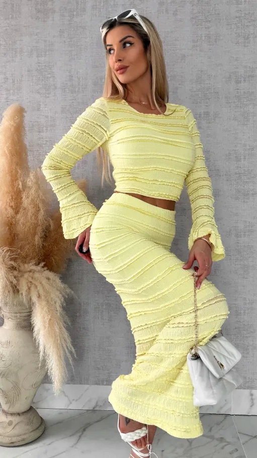 Wiosenny elastyczny komplet bluzka + midi spódnica ONE SIZE żółty - R671A