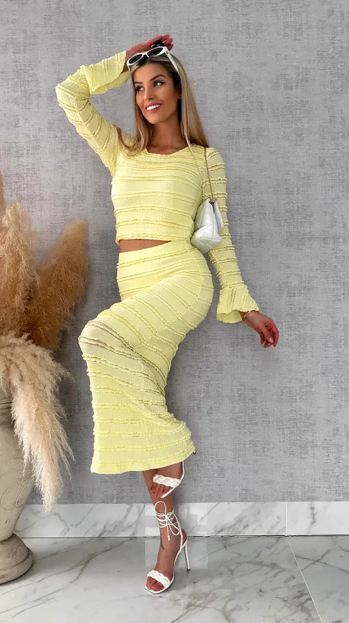 Wiosenny elastyczny komplet bluzka + midi spódnica ONE SIZE żółty - R671A