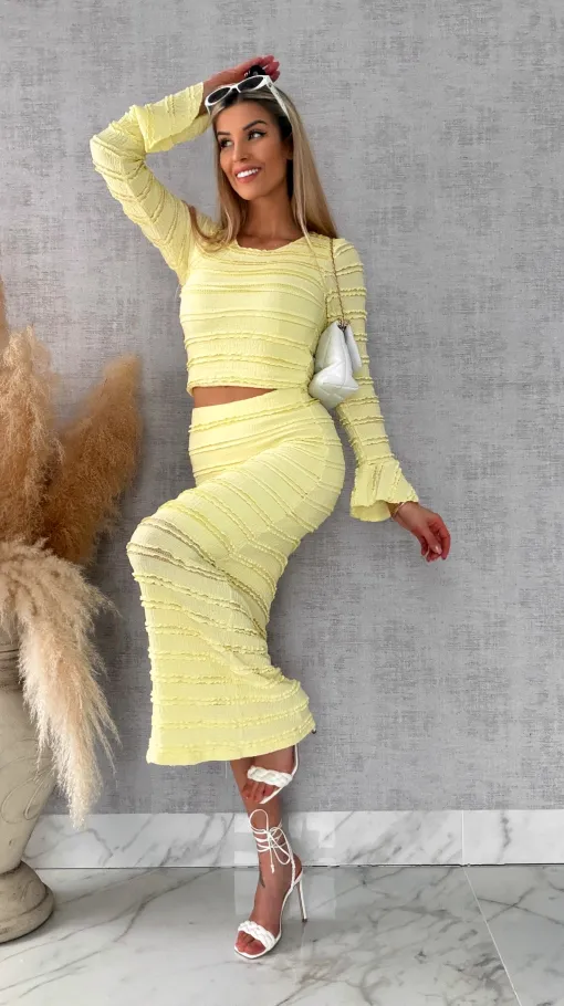 Wiosenny elastyczny komplet bluzka + midi spódnica ONE SIZE żółty - R671A